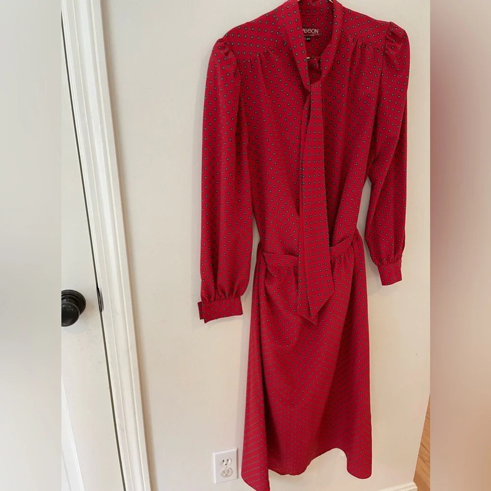 Vintage Sasson silk suit red maxi skirt set skirt / long sleeve tie top